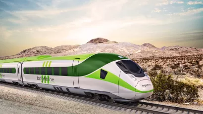Rendering of Brightline West train passing through Southern California desert