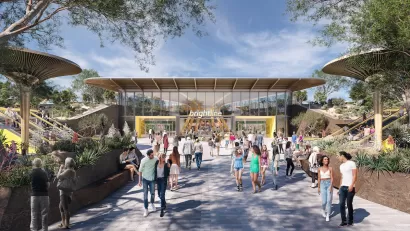 Rendering of Brightline West high-speed rail station in Las Vegas, Nevada.