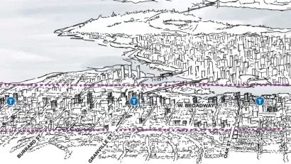 A conceptual rendering showing the potential development capacity of zoning changes included in the Broadway Plan for Vancouver, British Columbia.