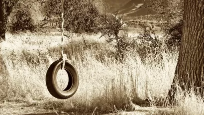 Child's swing made out of a tire and rope hanging from a tree in 