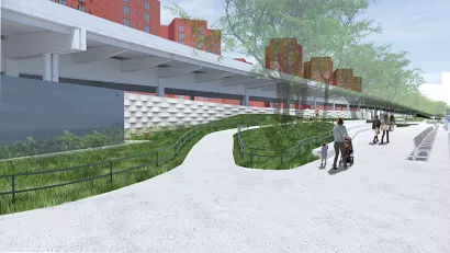 Rendering of a combination of floodwalls and floodgates will integrate into the landscape at Stuyvesant Cove Park.