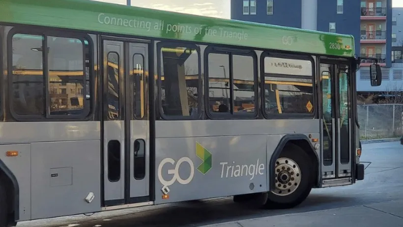 Silver and green GO Triangle bus in North Carolina.