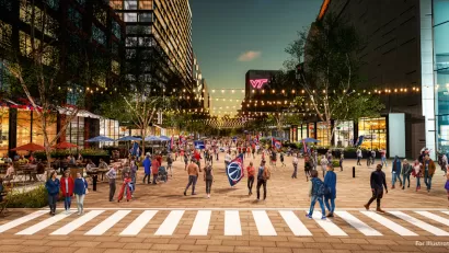 Rendering of promenade in Potomac Yard in Alexandria, Virginia with Virginia Tech logo on building in background.