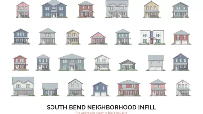 Sketches of front facades of houses laid out in a grid, six rows by four columns.