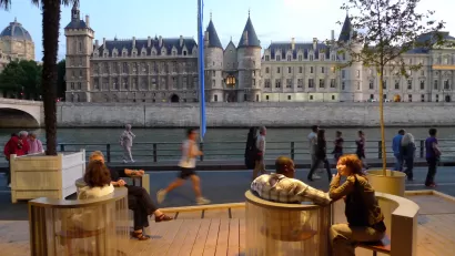 waterfront road in Paris transformed into pedestrian and lounging space