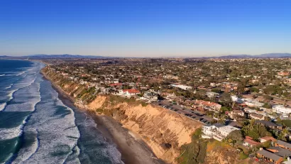 Aerial view of coastline with homes in Encinitas, California
