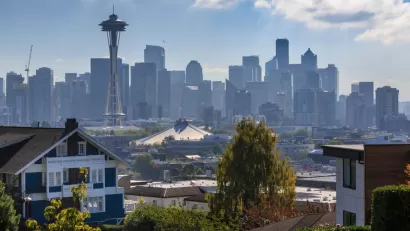 View of Seattle skyline with houses in foreground