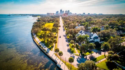 Aerial view of St. Petersburg, Florida coast with downtown skyline in background