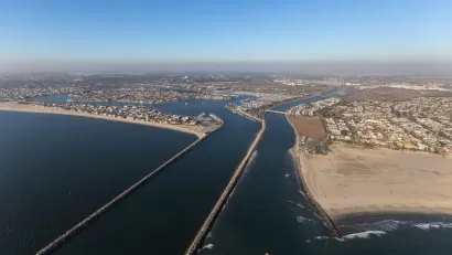 Aerial view of San Gabriel River where it meets the ocean in Long Beach, California