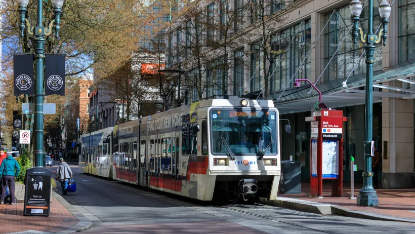 Portland MAX light rail train at station in Portland, Oregon.