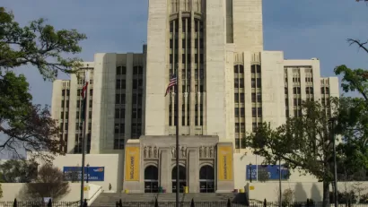 Front view of Art Deco 1933 Los Angeles County General Hospital building