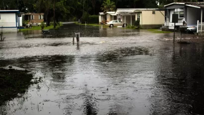 Flooded street in a mobile home community