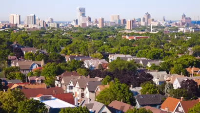 Aerial view of homes with downtown Milwaukee, Wisconsin in background