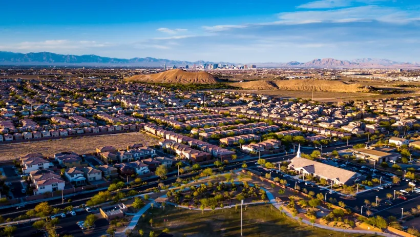 An aerial view of the Mountains Edge master planned community in Enterprise, Nevada.
