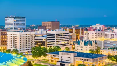 Wichita, Kansas, USA downtown skyline at dusk.