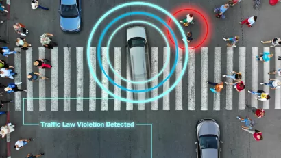 Aerial view of crosswalk with digital 'smart' crosswalk concept