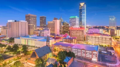 Nighttime view of Oklahoma City skyline