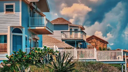 Wooden two-story homes on the beach in Jacksonville, Florida