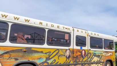 Close-up of Sunset Empire Transportation District bus in Astoria, Oregon