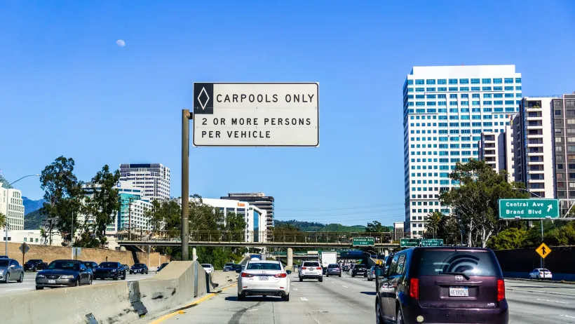 Carpool lane on freeway in Pasadena, California.