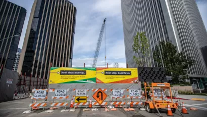 Construction "Road Closed" signs for Los Angeles Metro Purple Line