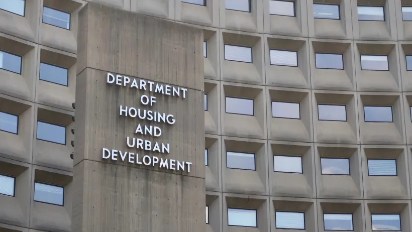 Facade of concrete Department of Housing and Urban Development building in Washington D.C.