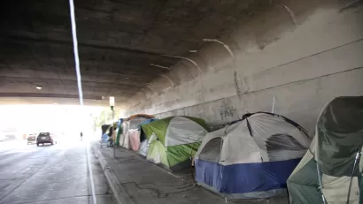 Tents lining an underpass in Los Angeles, California