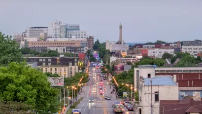 View down center of street in Milwaukee, Wisconsin