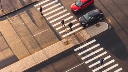 Overhead view of crosswalk with pedestrian median