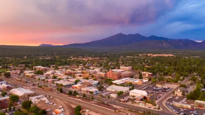 Aerial view of Flagstaff, Arizona at sunset