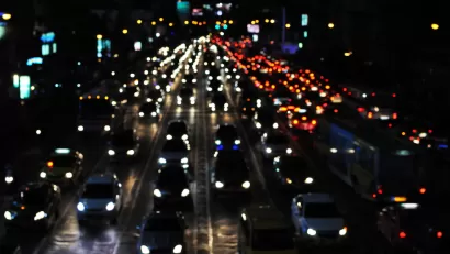 Blurred night view of gridlocked traffic on freeway