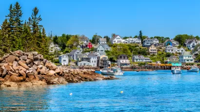 Colorful waterfront homes in Maine finshing village