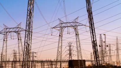 Power lines and towers at a substation