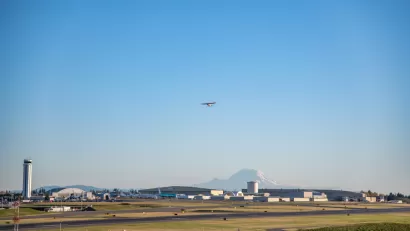 Runway and plane taking off at Paine Field, Everett, Washington