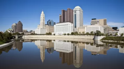 Columbus, Ohio skyline reflected in the Scioto River