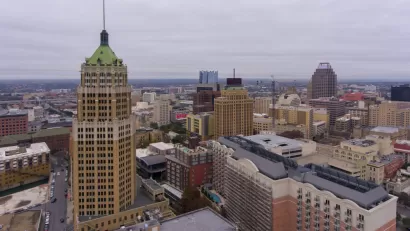 Aerial view of downtown San Antonio with Tower Life Building in foreground