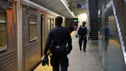 A police officer in a Baltimore, Maryland subway station