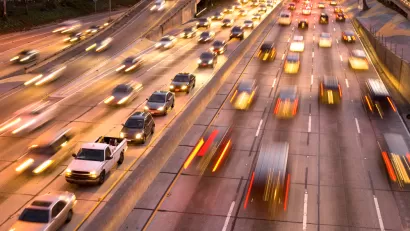 Freeway traffic at dusk in downtown Los Angeles, California