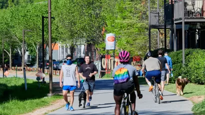 Pedestrians and people on bikes on Atlanta BeltLine multiuse trail