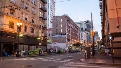 Street in San Francisco's Tenderloin District with tents on sidewalk