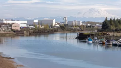 View of Duwamish River with Seattle and Mount Rainier in background