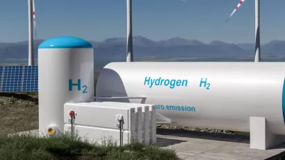 Rendering of hydrogen storage tank with solar panels in background