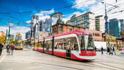 Red and white Toronto streetcar