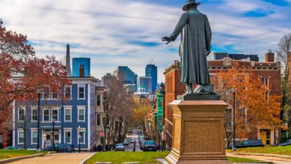 View of Boston from Bunker Hill with statue in foreground