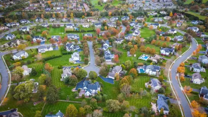 Aerial view of suburban homes in New Jersey.