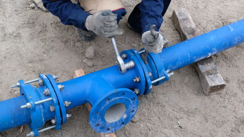 Worker working on exposed blue water pipe.