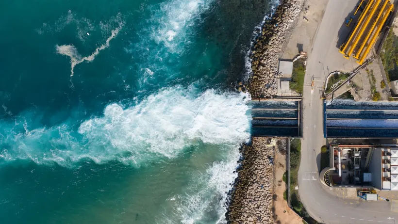 A desalination plant in Israel sucking water into pipes.