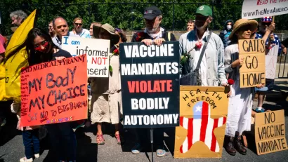 A group of protestors oppose mandatory vaccinations during the Covid-19 pandemic.