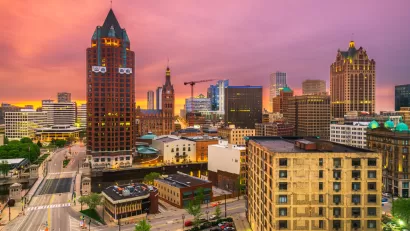 Aerial view of downtown Milwaukee, Wisconsin at sunset