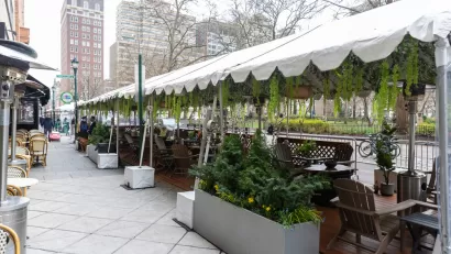 Covered outdoor dining patio on street in Philadelphia, Pennsylvania